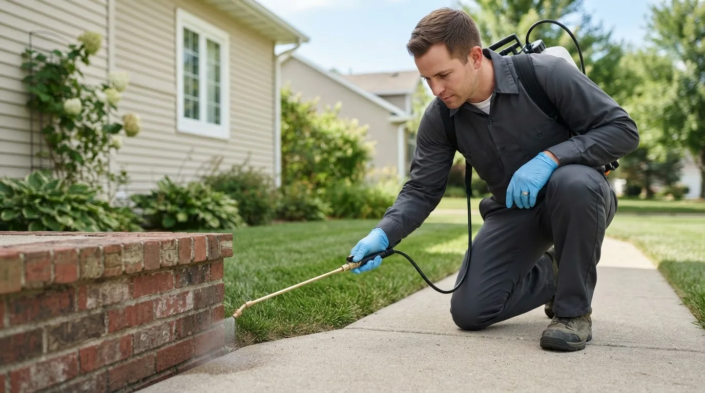 Pest control technician treating a home near Kendalia, TX
